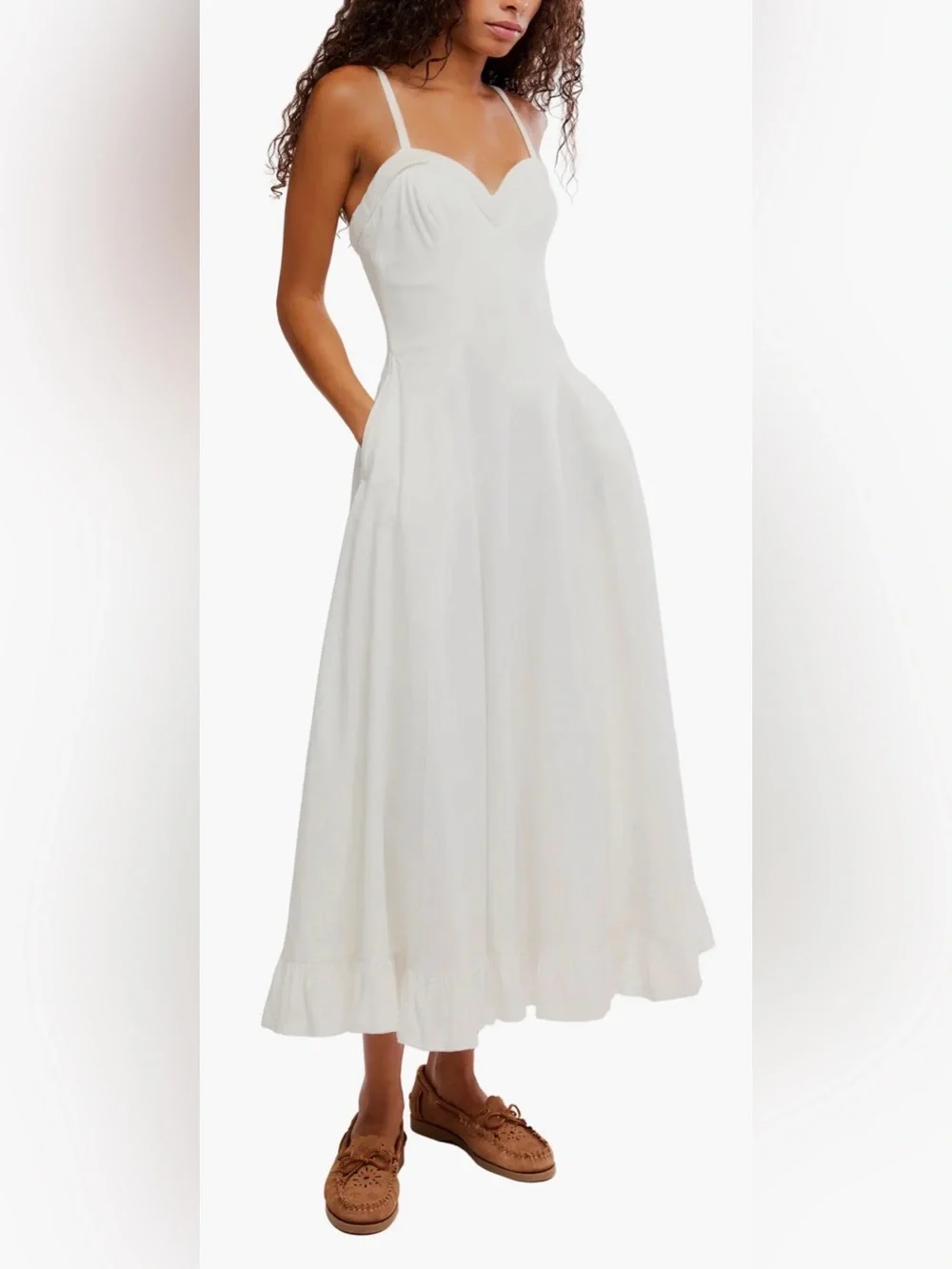 Free People White Midi Sundress with Sweetheart Neckline